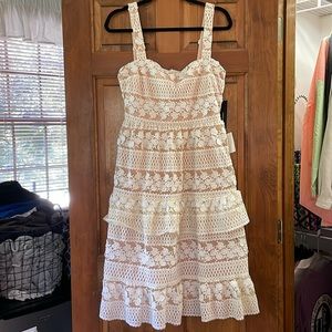LULUS Ethereal White and Nude Lace Midi Dress NWT